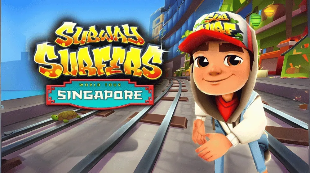 Subway Surfers World Tour Singapore gameplay featuring Maeko and Jia characters running through Singapore city streets