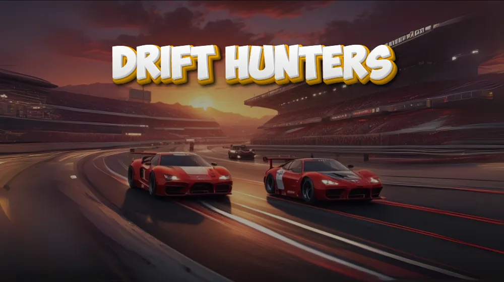 Drift Hunters game displaying a sports car performing a drift with motion blur and track details | Pokoo Games