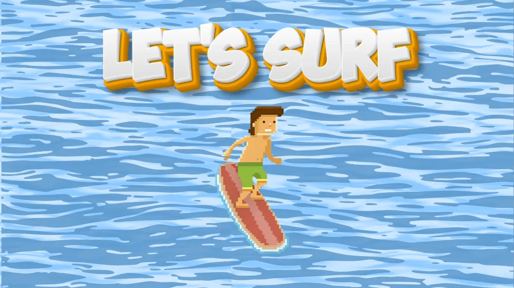 Let's Surf game image showing a surfer dodging obstacles on a colorful beach wave. | Pokoo Games