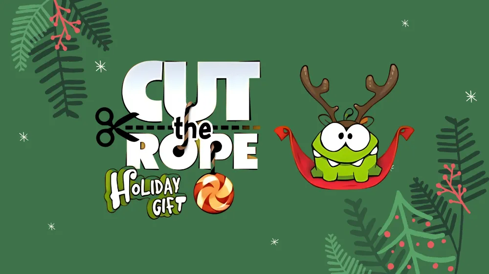 Cut the Rope Holiday Gift game image featuring Om Nom with Christmas-themed levels and festive decorations | Pokoo Games
