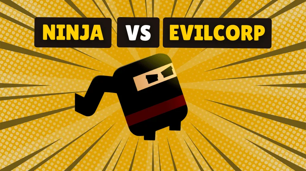 Ninja vs EVILCORP gameplay showing stealth mission with ninja climbing rooftop avoiding guards and security cameras in a dark urban cityscape | Pokoo Games