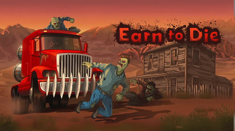Earn to Die racing game scene with vehicle mid-air, smashing obstacles and zombies on the road. | Pokoo Games