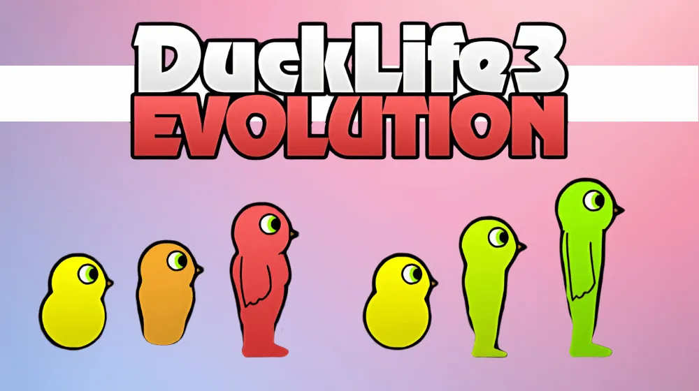 Duck Life 3 game scene showing upgraded duck racing through obstacle course with coins and score meter | Pokoo Games