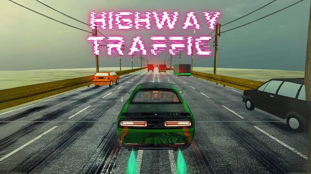 Highway Traffic game showing a fast car dodging vehicles on a busy road in a 3D racing game | Pokoo Games