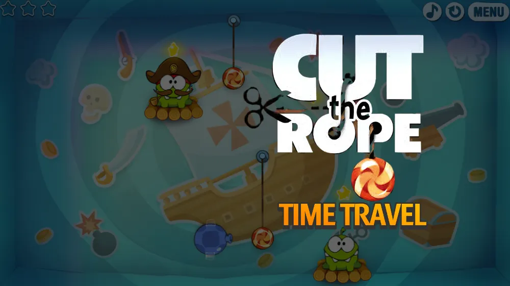 Cut the Rope: Time Travel gameplay showing Om Nom and his ancestor collecting candy and stars through time | Pokoo Games