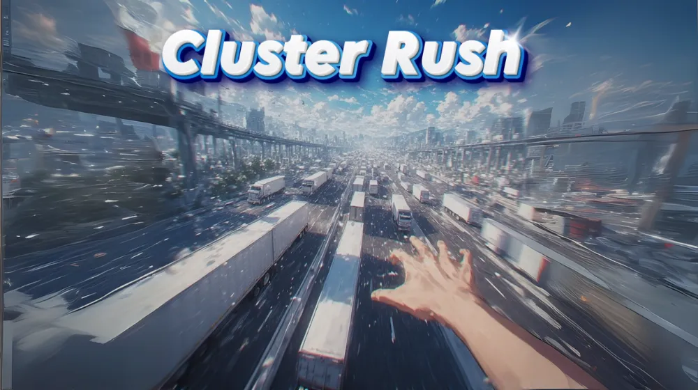 Player jumping across moving trucks in Cluster Rush game - fast paced 3D parkour challenge