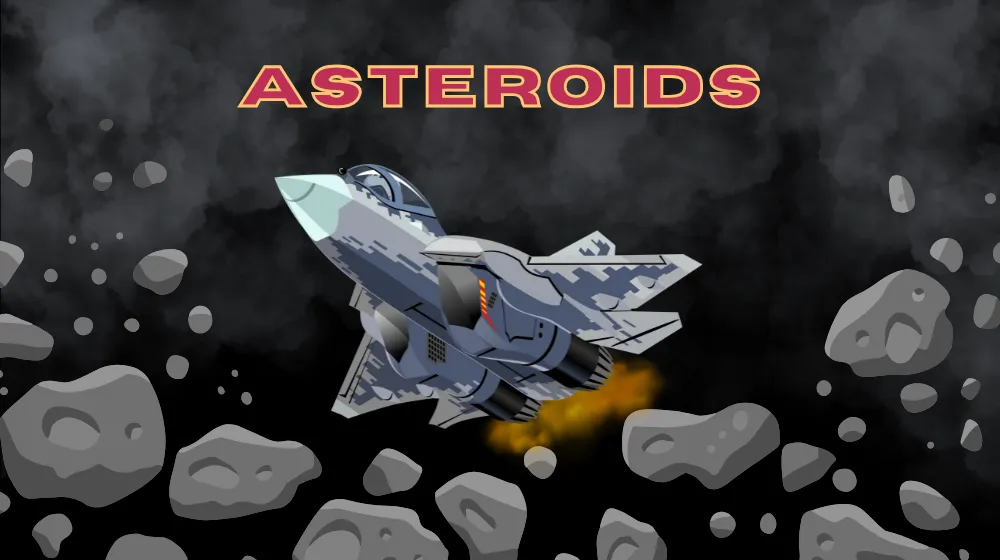 Player navigating spaceship through asteroid field in retro arcade game | Pokoo Games