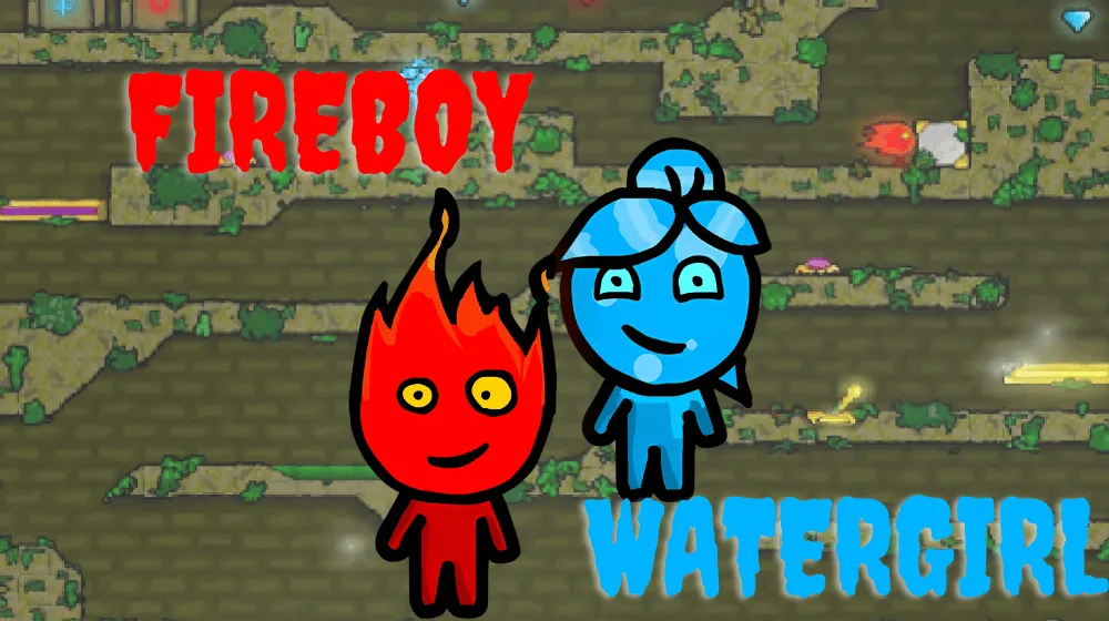 Fireboy and Watergirl Forest Temple game image showing both characters solving puzzles and collecting gems. | Pokoo Games